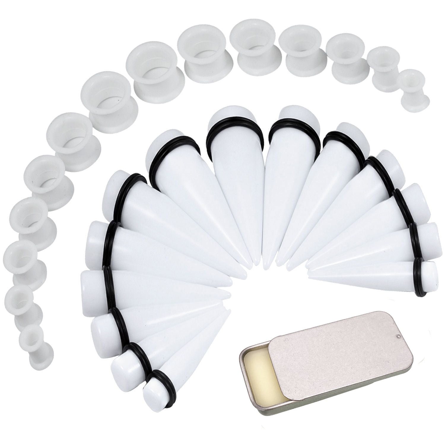 BodyJ4You 37PC Gauges Kit Ear Stretching Aftercare Balm 00G-20mm White Silicone Tunnel Plug Acrylic Taper
