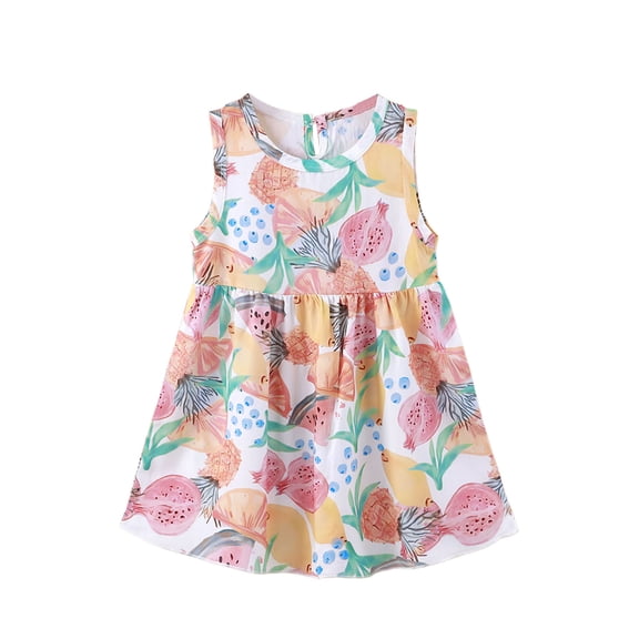 Little Girls' Dresses Sleeveless Round Neck Cartoon Fruit Print Girls Athletic Dress Size 6-7T