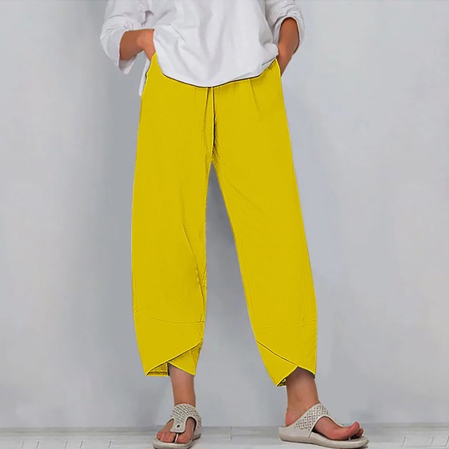 RXIRUCGD Women's Summer Comfortable Loose Wide Legged Fashion Solid Color Capris, Yellow, Size: S