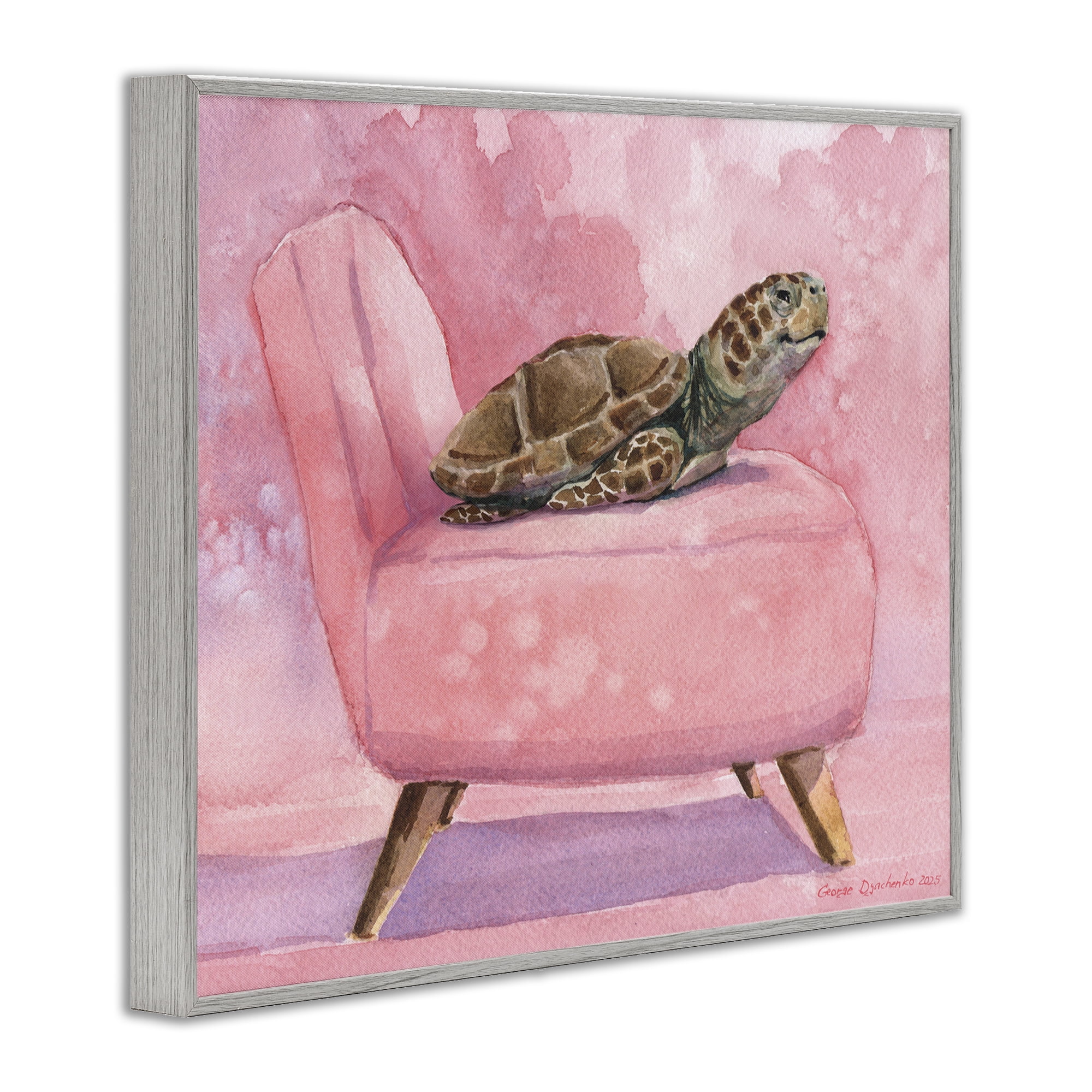 Stupell Industries Happy Turtle on Pink Chair Gray Framed Giclee Art, design by George Dyachenko