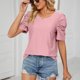 thumbnail image 5 of Blusa de manga corta para mujer, cuello redondo, manga plisada, patrón liso, elegante, versátil, camisa informal de verano, rosa, XL, 5 of 8