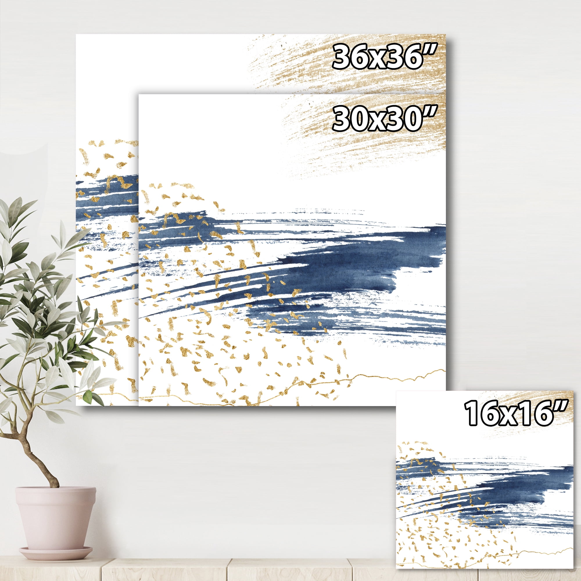 Designart ' Gold and Dark Blue and Abstract I ' Modern Canvas Wall Art Print