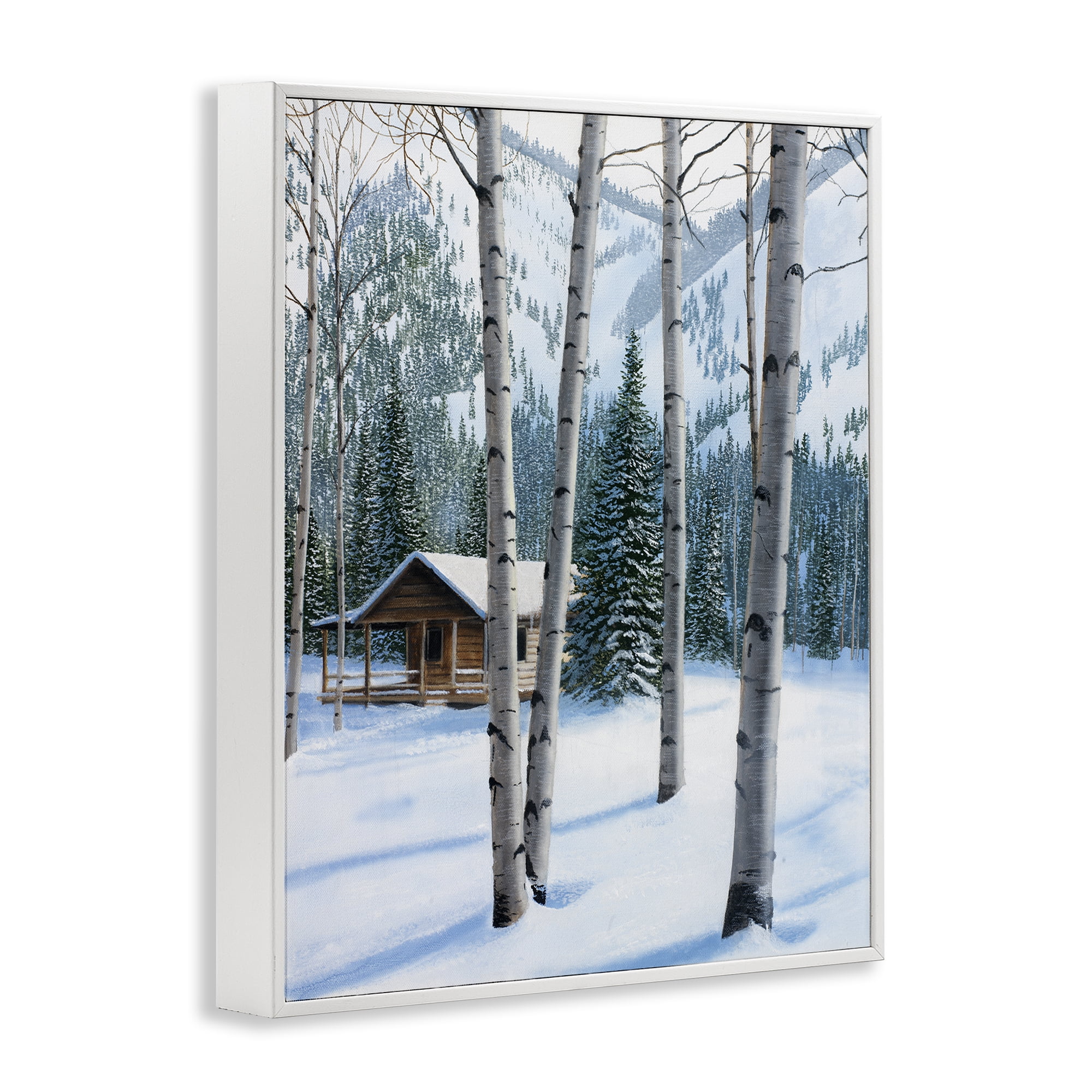 Stupell Industries Snowy Cabin Through Birch Landscape Painting White Framed Art Prints Wall Art, 16 x 20