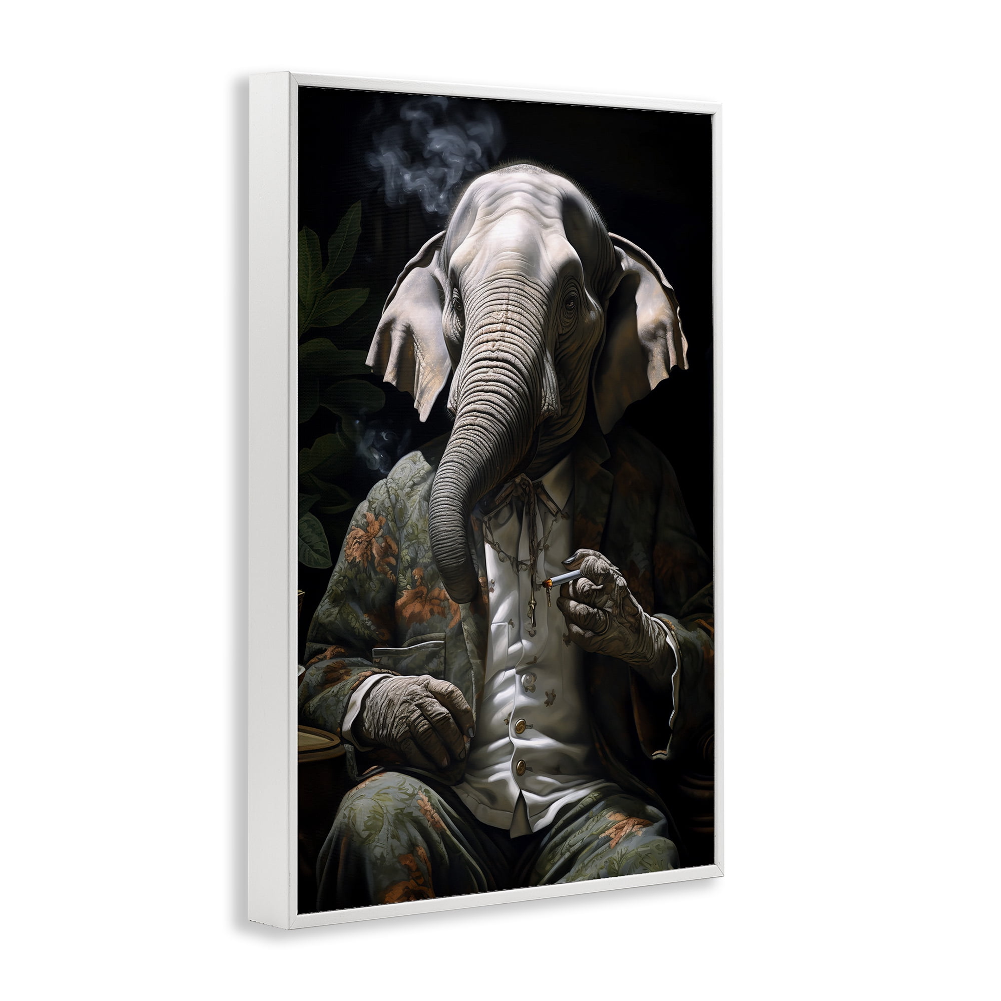 Stupell Industries Elephant Smoking Cigarette Novelty Painting White Framed Art Print Wall Art, 12 x 18