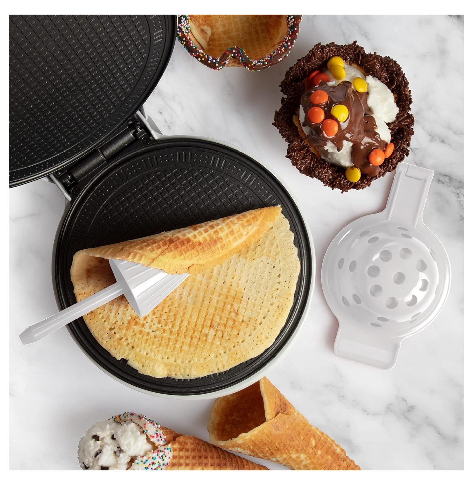 Waffle Cone and Bowl Maker for Homemade Cones- Includes Shaper & Bowl Press- Electric Nonstick Waffler Iron Machine for Sundaes or DIY Dessert, Summer BBQ Gift Treat for Kids Adults