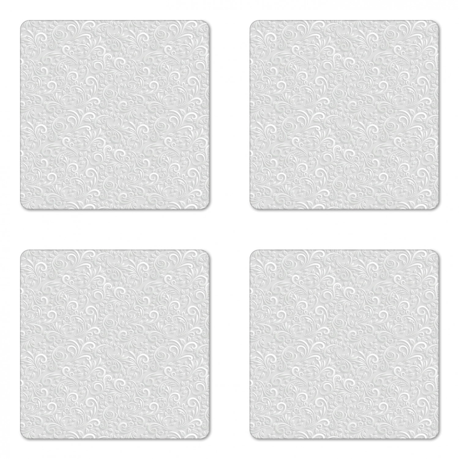 Grey Coaster Set of 4, Classic Floral Swirling and Curving Victorian