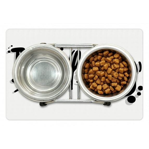 Family Pet Mat for Food and Water, I Heart Family Writing Pictogram Style Artwork with Dots Happiness, Non-Slip Rubber Mat for Dogs and Cats, 18" X 12", by Ambesonne