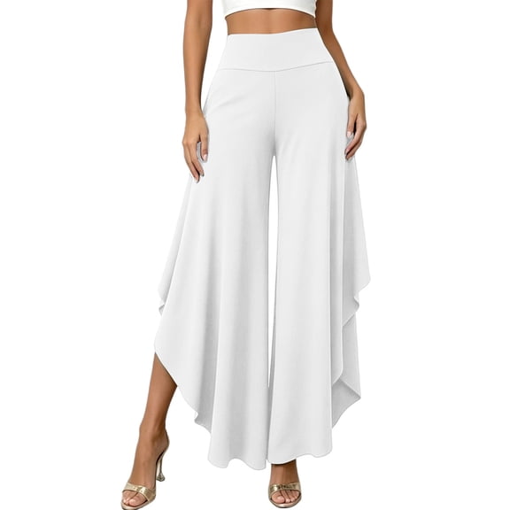 Kaemgyyd Womens Wide Leg Pants Summer Beach Flowy Pants High Waisted Cropped Trousers Casual Ruffle Hem Clothes(White,X-Large)