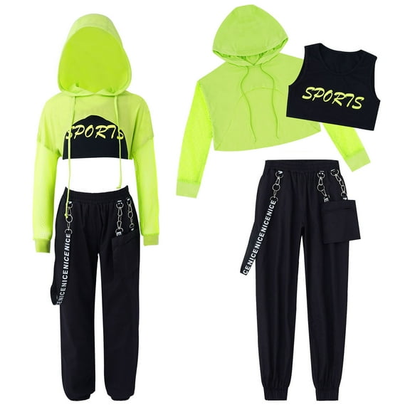 renvena Kid Girl 3Pcs Hip-hop Street Dance Outfits Hoodie Crop Top Jogger Cargo Pants Jazz Performance Costume