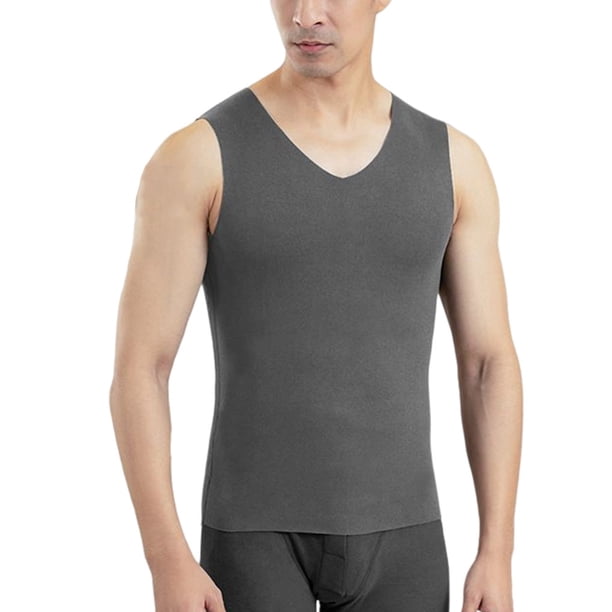 Jumpingount Ropa interior térmica Tops Terciopelo sin costuras Grueso Cuello en V Color sólido Invierno Hogar Dormir Ropa interior Chaleco Ropa interior Hombre gris SG