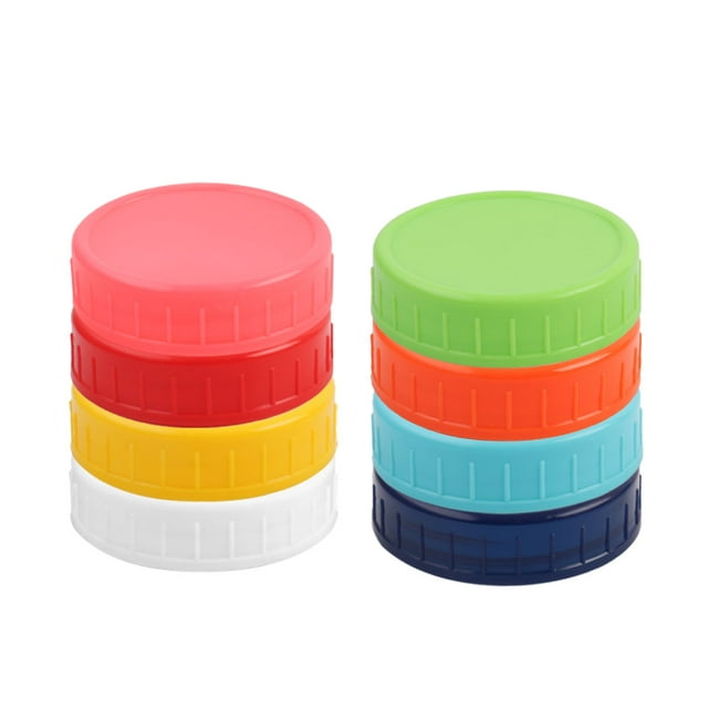 Unique Bargains 8 Pcs Plastic Mason Jar Lids designed for wide mouth mason jars. The set includes colorful lids in green, royal blue, sky blue, yellow, pink, red, white, and orange. Each lid measures 90 x 19mm (3.54 x 0.75 inches) and fits jars with a 3.4-inch diameter. The ribbed edges ensure an anti-slip grip for easy opening and tightening. Made of durable, rust-resistant plastic, these lids are leakproof and ideal for storing food, sauces, spices, and beverages. Dishwasher safe for easy cleaning. Jars not included.
