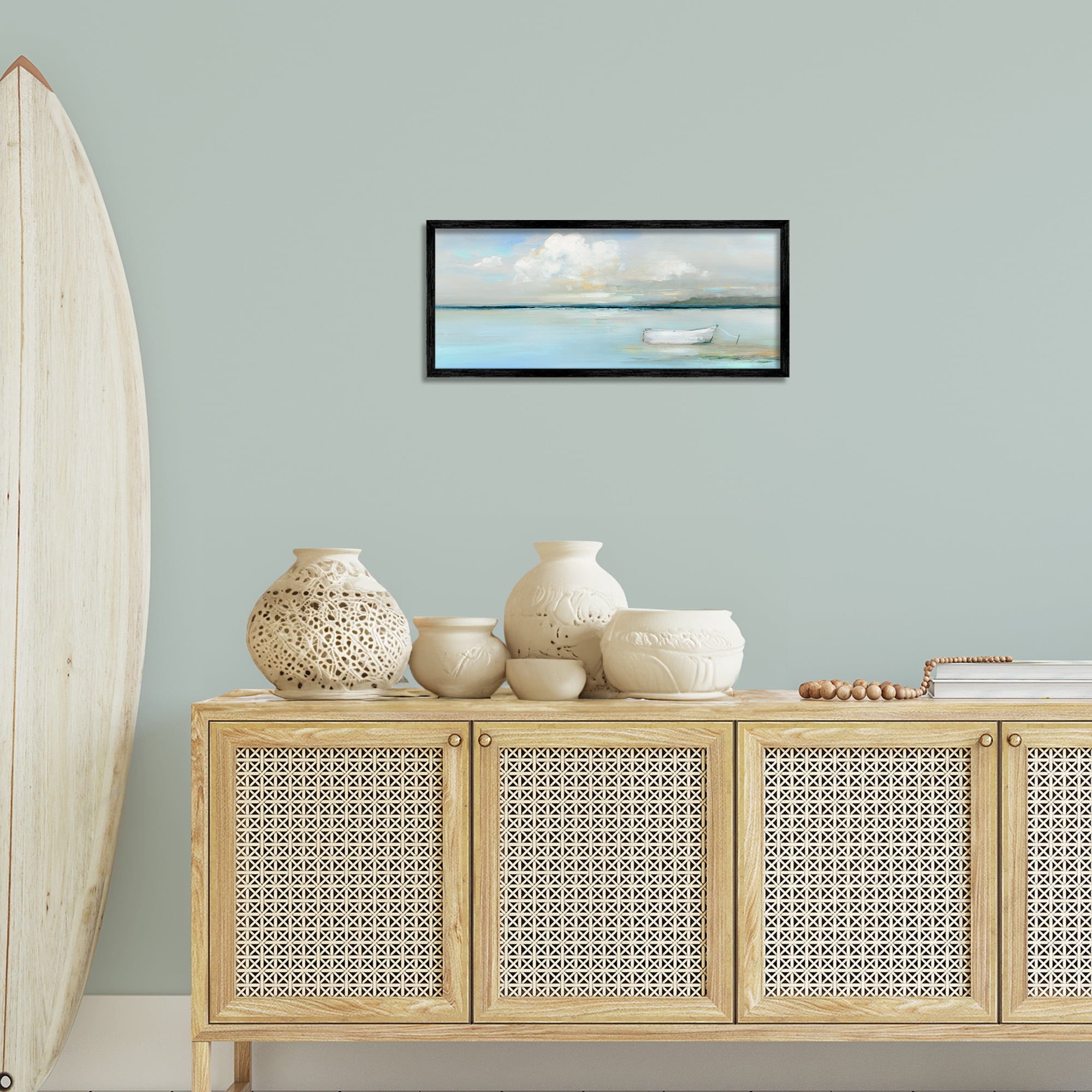 Stupell Industries Quiet Boat Docked Landscape Painting Black Framed Art Print Wall Art, 24 x 10