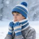 thumbnail image 3 of Conjunto de gorro y bufanda de invierno para niños de poliéster, a rayas con pompón, 3 piezas, cálido, para niños y niñas, ideal para esquí, patinaje, viajes y colegio, 3 of 4