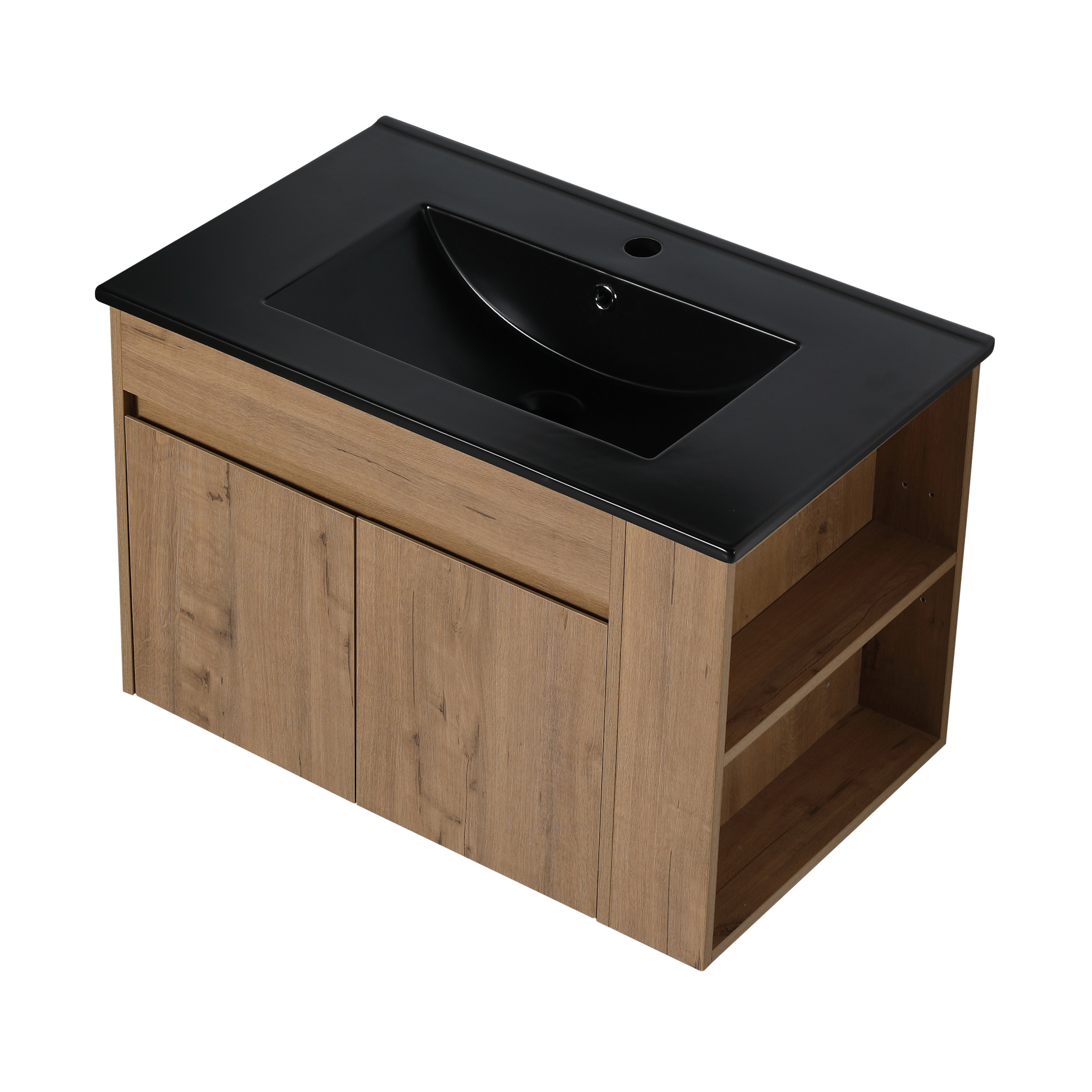 Noble House 30" Floating Bathroom Vanity with Black Ceramic Basin, Soft-Close, Adjustable Open Shelf, Imitative Oak