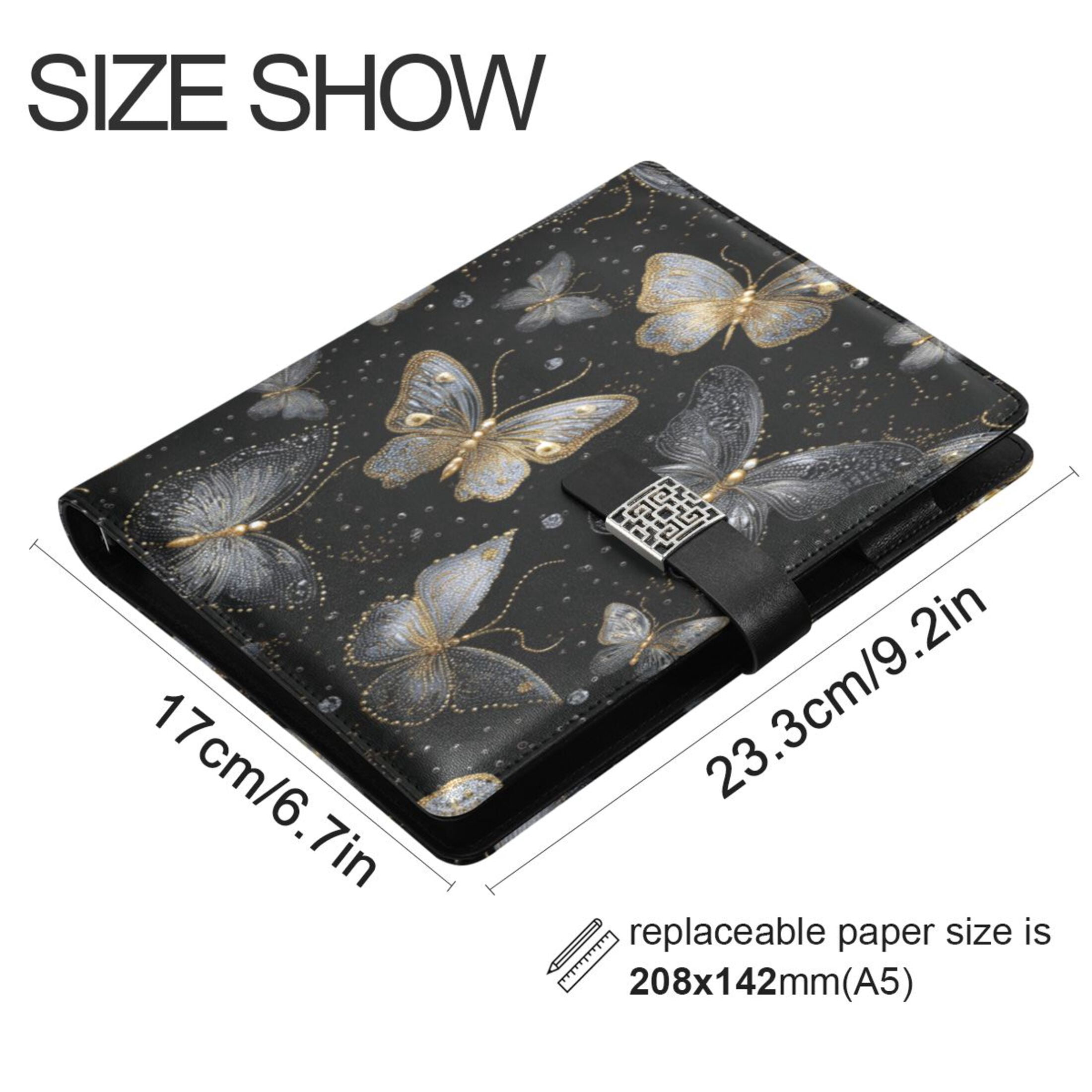 Leather Planner Leather Notebook Notebook Journal Binder Design Pen Pocket Design Convenient for Storage Black and Gold Butterflies