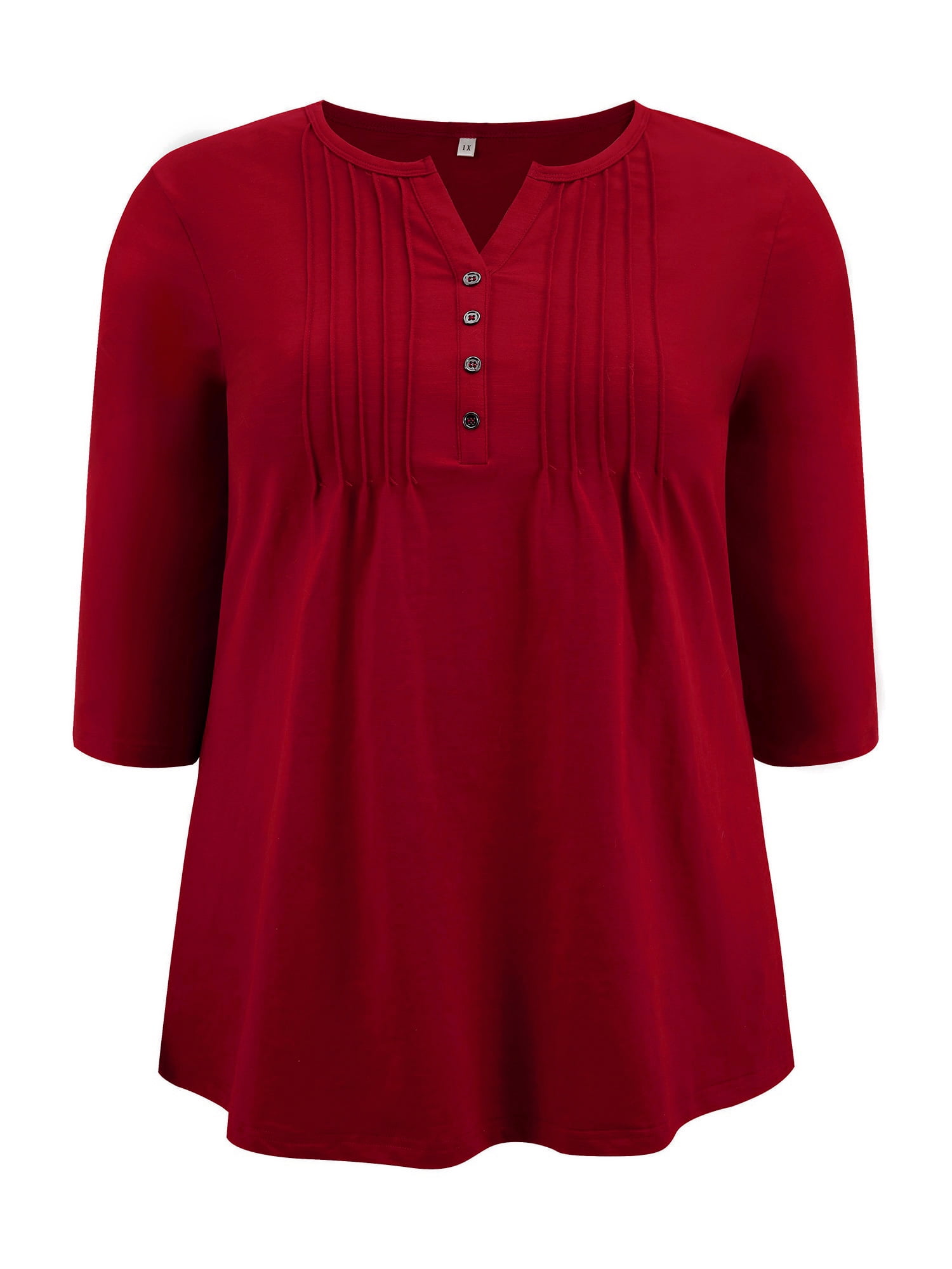 Women's Plus Notched Neck 3/4 Sleeve Front Pleated Button Decor Blouses Dressy Casual 3X Red