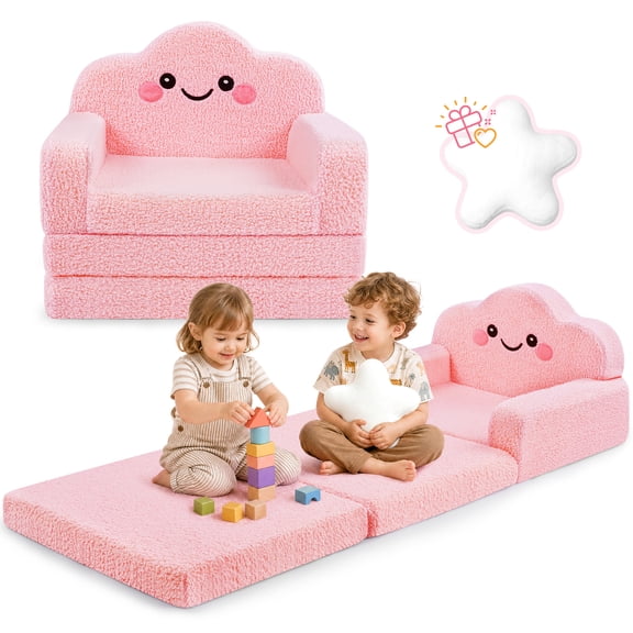 babyeap 2-in-1 Kids Sofa,Fold Out Toddler Couch with Star Pillow,Soft Convertible Kids Chair for Girls and Boys,Pink