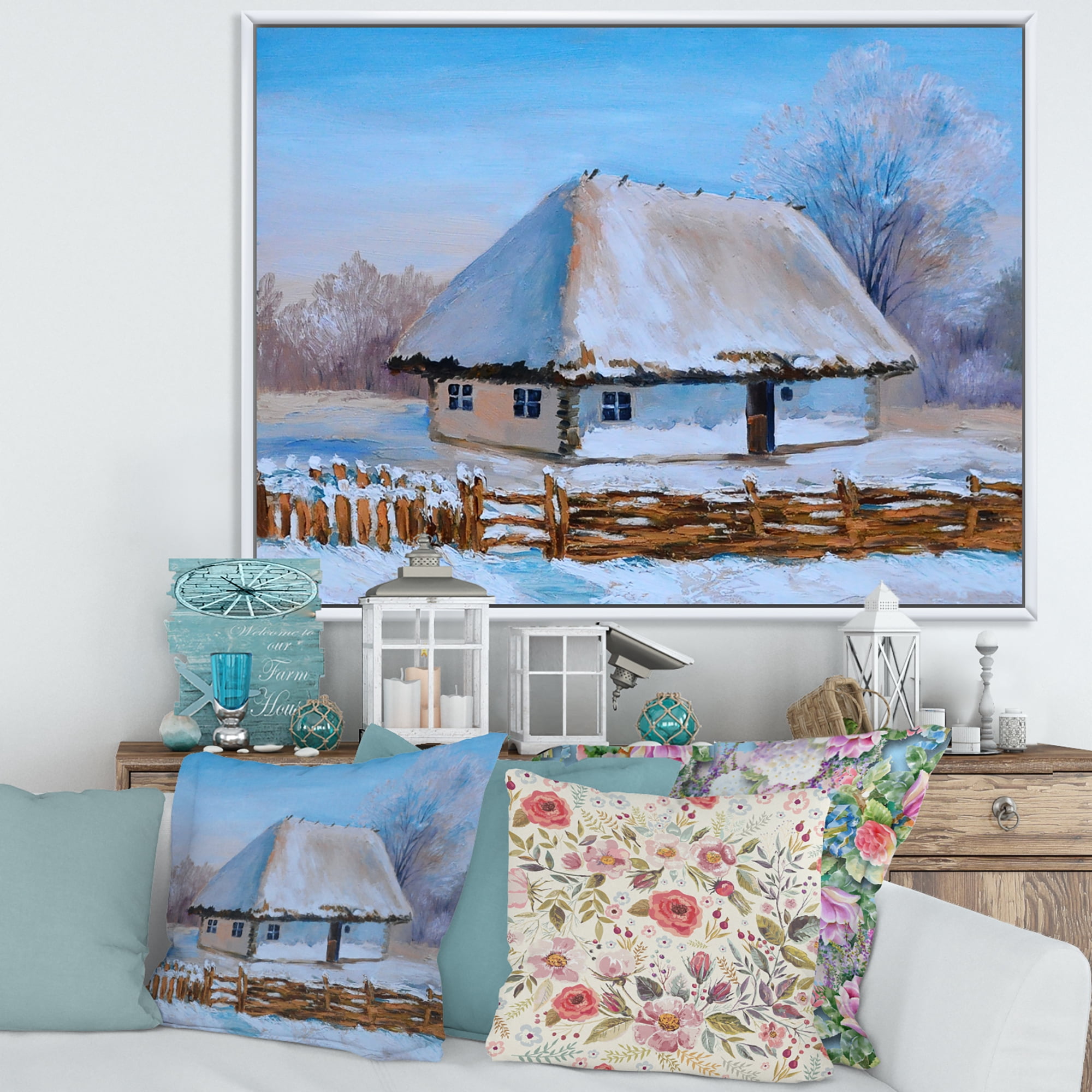 Traditional Cottage Covered With Snow In Winter I 20 in x 12 in Framed Painting Canvas Art Print, by Designart