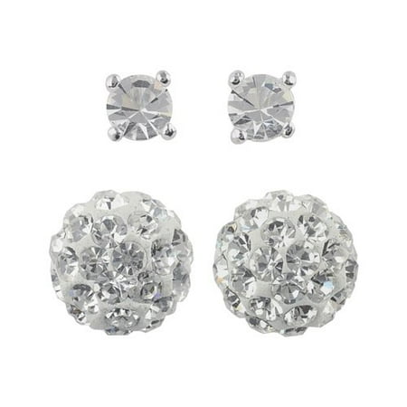 Pave Set Earrings - Crystal Pave Fireball Sterling Silver 2-Pair Duo Earrings Set
