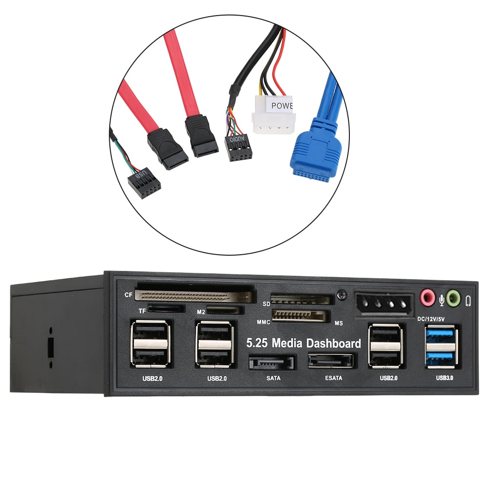 Multi-Function USB 3.0 Hub eSATA SATA Port Internal Card Reader PC Dashboard Media Front Panel Audio for SD MS CF TF M2 MMC Memory Cards Fits 5.25
