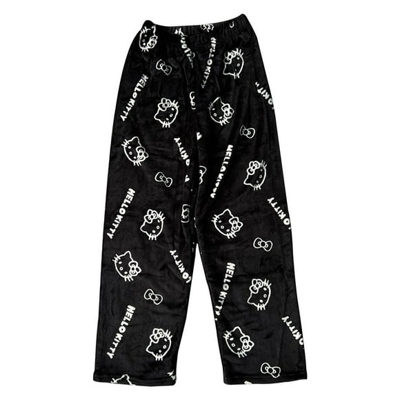 Sanrio Hello Kitty Flannel Pajamas Black Women'S Warm Woolen Cartoon Casual Home Pants In Autumn Winter Fashion Trousers