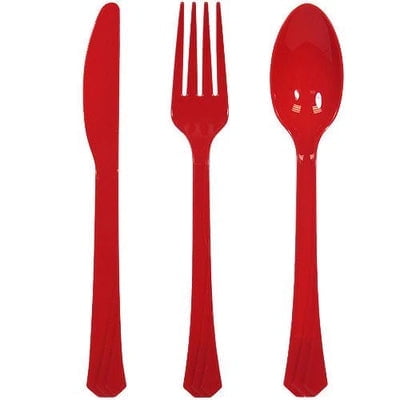EcoQuality Disposable Plastic Red Cutlery Combo Set - Great for Party, Soups, Kitchen, Office, Togo, Lunch, Cafeterias, Restaurants (24)