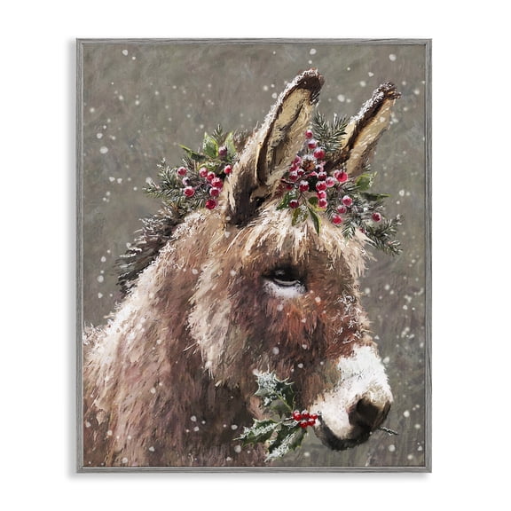 Stupell Industries Farmhouse Winter Donkey Snow Falling Gray Framed Giclee Art, 11 x 14, by Pip Wilson