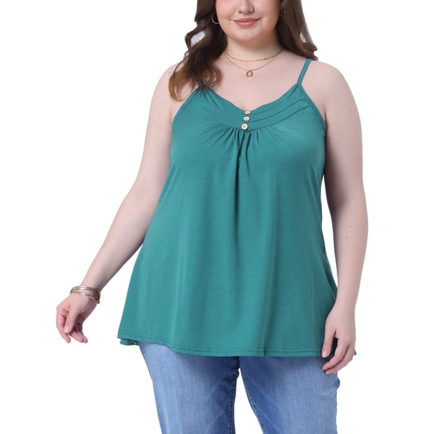 Tops de tanque de mujer plus size GRACE & GRANDEUR con pliegues, decoración de botones, cuello en V, tirantes de espagueti, camisetas casuales de verano 4X verde