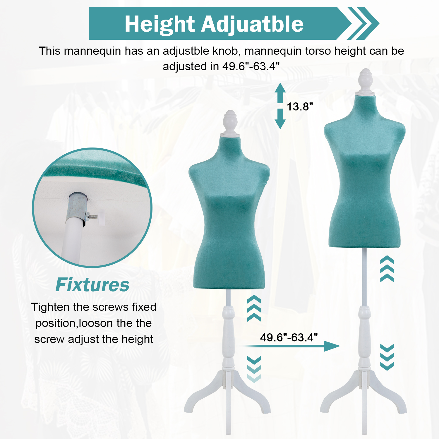 49"-63" Height Dress Form Mannequin Adjustable Female Mannequin Torso Sewing Mannequin Female Dress Model Torso Body Tripod Stand Clothing Forms, Green