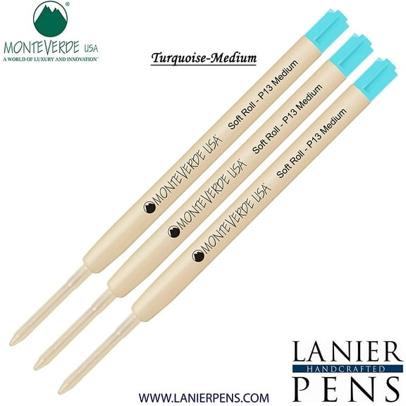 Lanier Combo Pack - 3 Pack - Monteverde SoftRoll Ballpoint P13 Paste Ink Refill Compatible with most Parker Style Ballpoint Pens - Turquoise (Medium Tip 0.7mm)