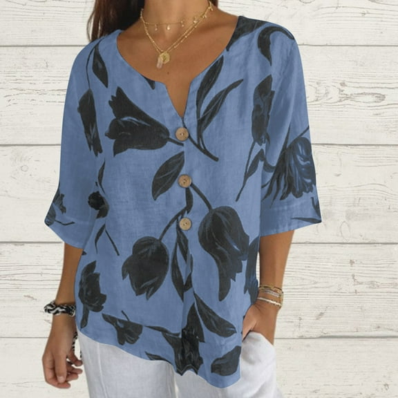 BRGZLK Womens Cotton Linen Button Down Shirt 2025 Summer Trendy Floral Printed Tee Loose Casual Short Sleeve Round Neck Tops Blue L
