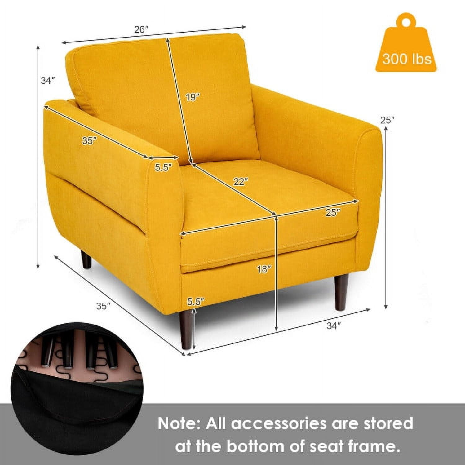 Finihen Upholstered Accent Armchair, Modern Upholstered Accent Chair Single Sofa Armchair, for Living Room, Bedroom, Yellow