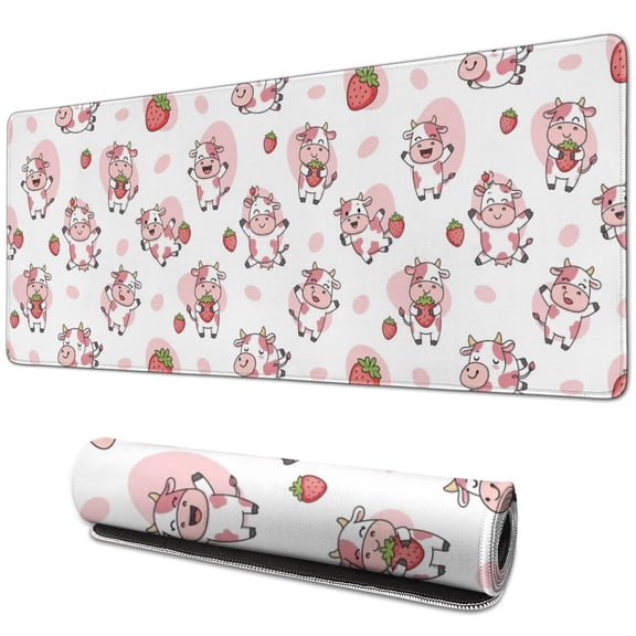Long Mouse Pads for Desk,White Cow Strawberry Pattern Desk Mats on Top Of Desks, Desk Mouse Pad Extra Large with 3mm Non-Slip Base and Stitched Edge for Gaming,Office,Work,Home 31.5"x11.8"