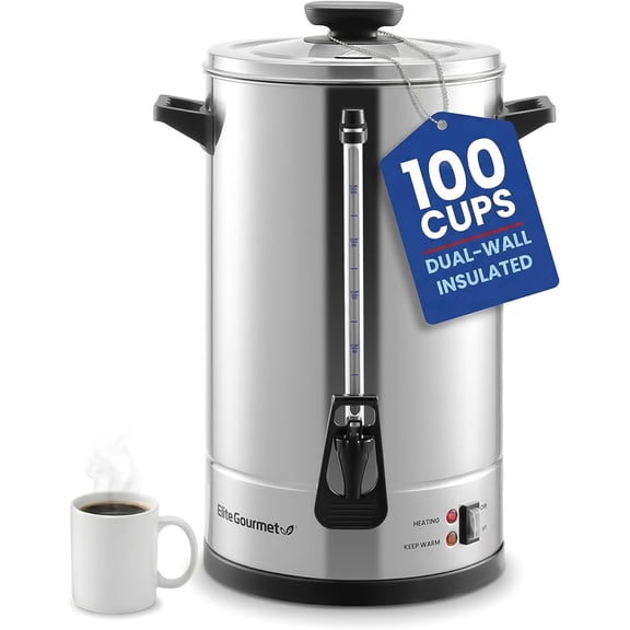 Elite Gourmet 100-Cup Commercial Coffee Urn & Hot Water Boiler – Dual-Wall Insulated, Dripless Faucet, Stainless Steel, Keeps Coffee Hot for 24 Hours