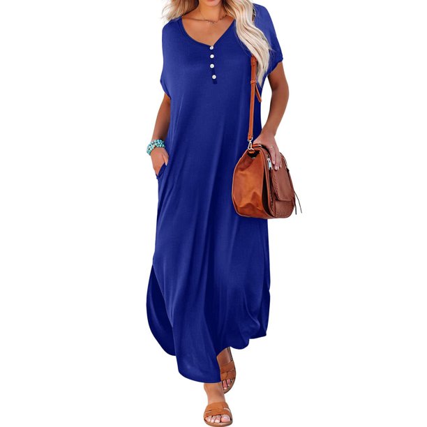 ICHUANYI Clearance Women's Summer Casual Short Sleeve V Neck Dress Casual Maxi Beach Dress With Pockets(Blue, XXL) ICHUANYI WER2023080805071