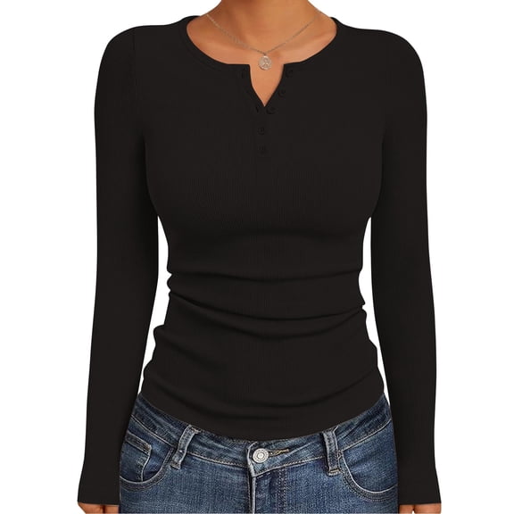 Ekouaer Women's Long Sleeve Henley Shirts Ribbed Knit Tops Basic Layering Slim Fit Soft Thermal Undershirts
