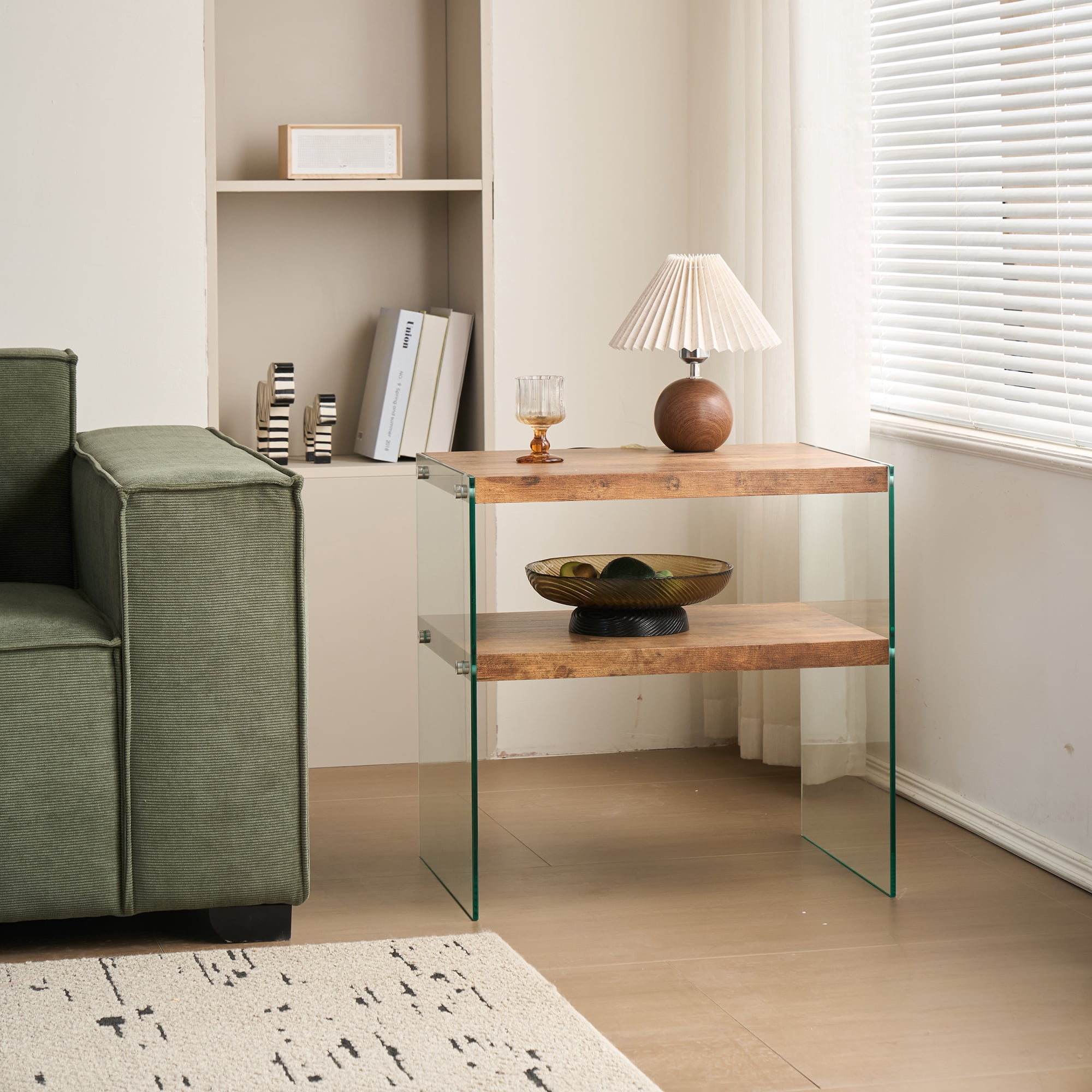 MDF Side Table, Small Tea Table and Walnut Night Stand with Premium Tempered Glass Top, Multi-Purpose Sofa Table for Snacks Coffee Books Decor, Waterproof and Easy to Clean, No Assembly Required