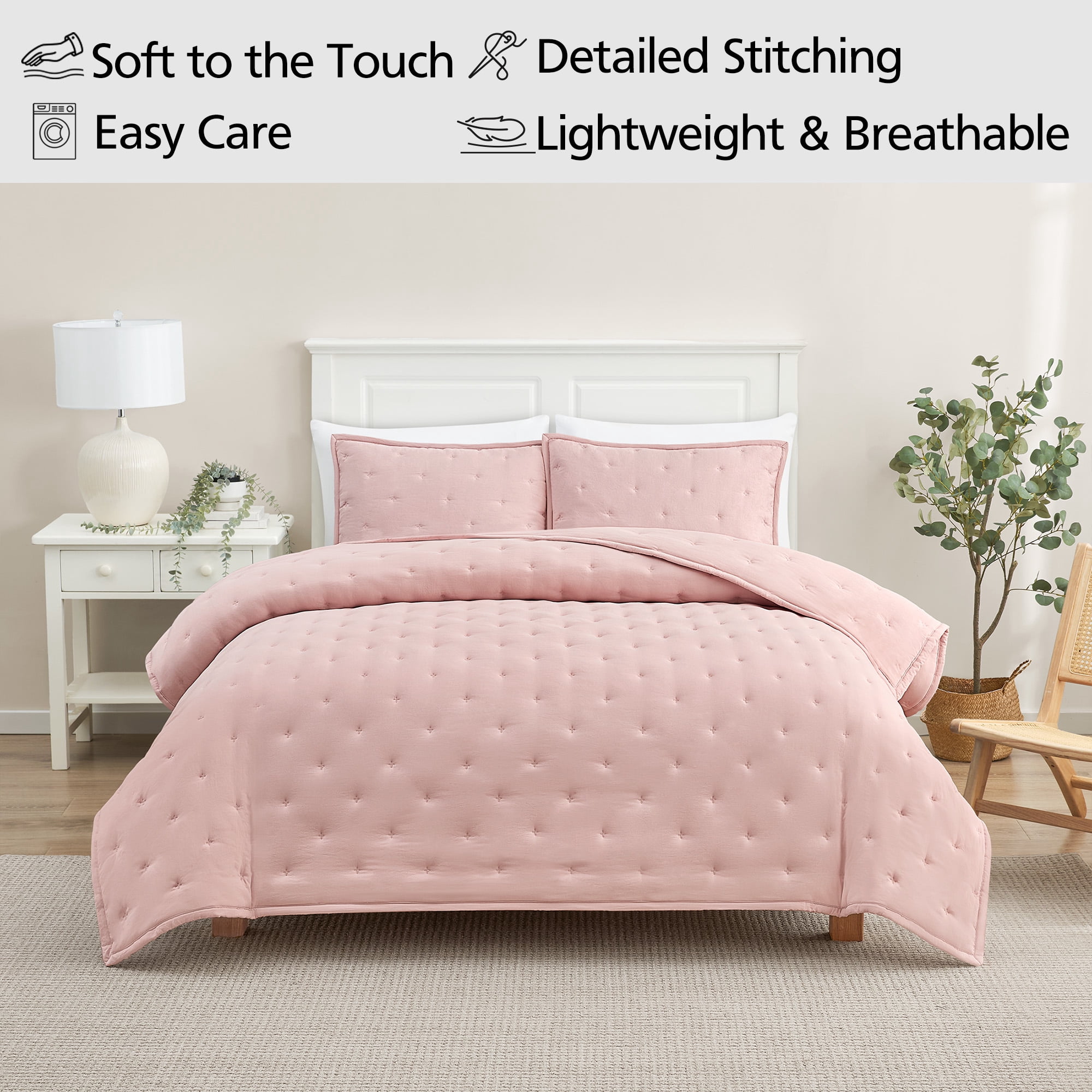 Mainstays Full/Queen Comforter Set, Soft Lightweight & All Season, 3-Piece, Pink