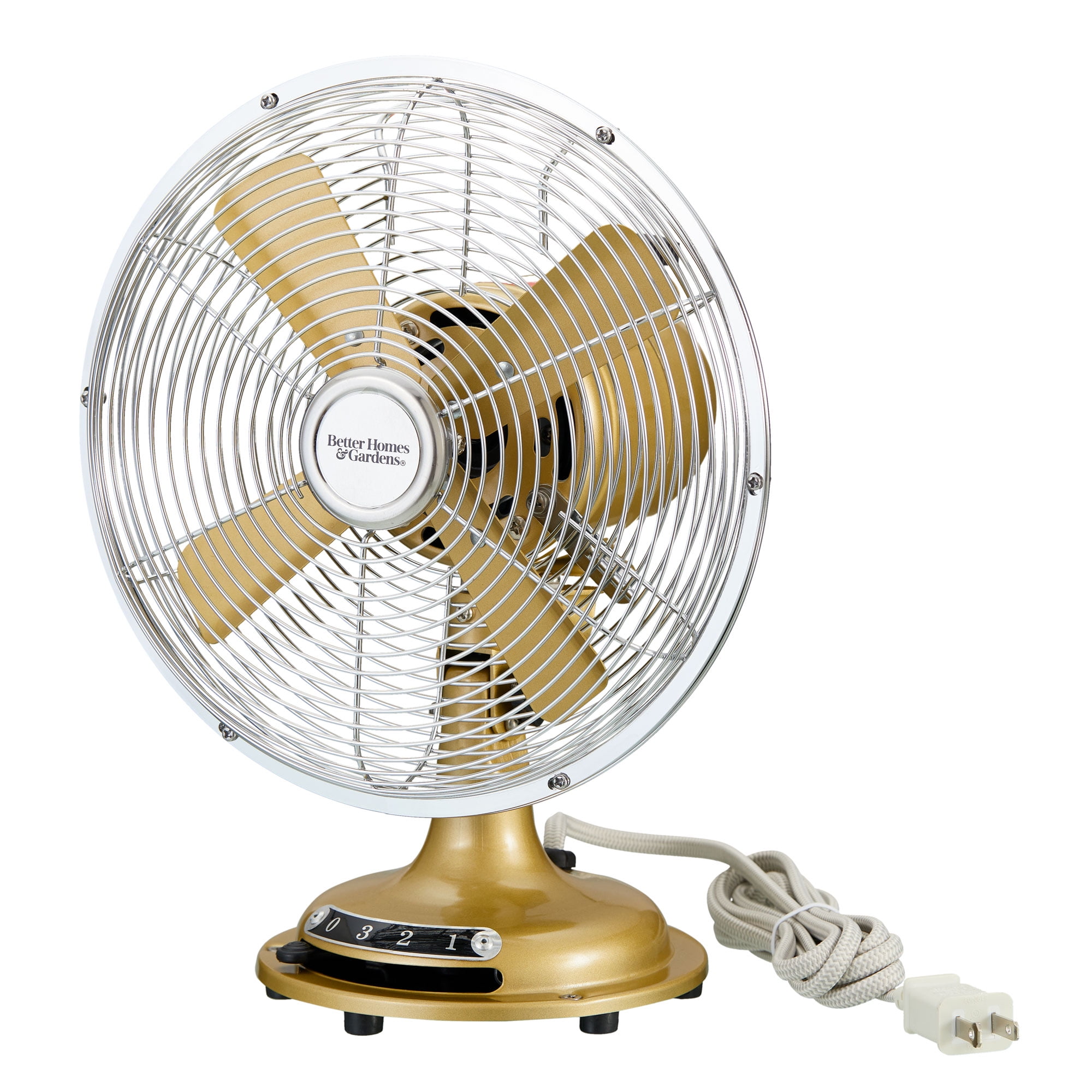 Better Homes & Gardens New 8 inch Retro 3-Speed Metal Tilted-Head Oscillation Table Fan Gold