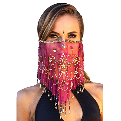 Hip Shakers Hot Pink Women's Charming Belly Dance Sequins Tribal Face Veil With Beads