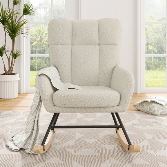 Someet Nursery Rocking Chair Linen with High Backrest, Indoor Glider with Padded Seat for Reading, Bedroom, Living Room, Beige