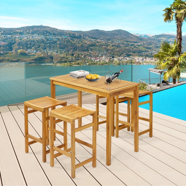 Costway 5 PCS Acacia Wood Bar Table Set 45" Rectangular Dining Table & 4 Saddle Stools