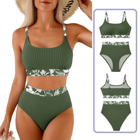 Eytino Women's High Waisted Bikini Set - Textured Two Piece Swimsuit with Scoop Neck and Floral Print Dark Green M