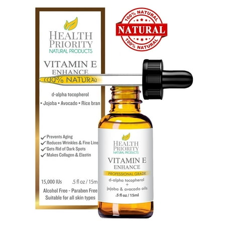 100% Natural & Organic Vitamin E Oil For Your Face & Skin, Unscented - 15000 IU - Reduces Wrinkles & Fade Dark Spots. Essential Drops Are Lighter Than Ointment. Raw Vit E Extract From