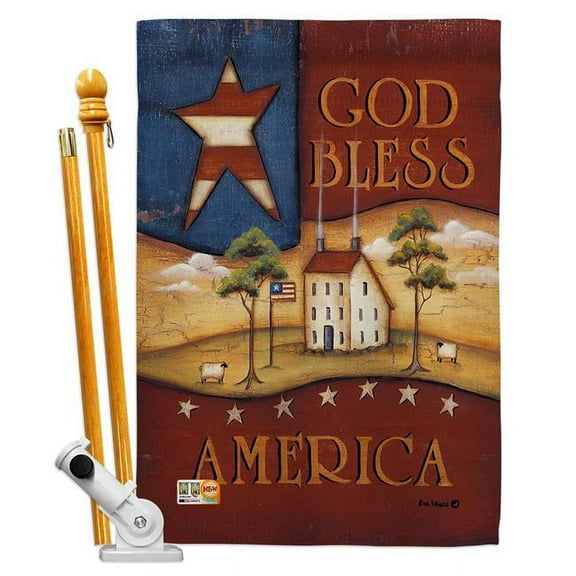 Breeze Decor BD-PA-HS-111090-IP-BO-D-US18-SB 28 x 40 in. God Bless America Americana Patriotic Impressions Decorative Vertical Double Sided House Flag Set & Pole Bracket Hardware