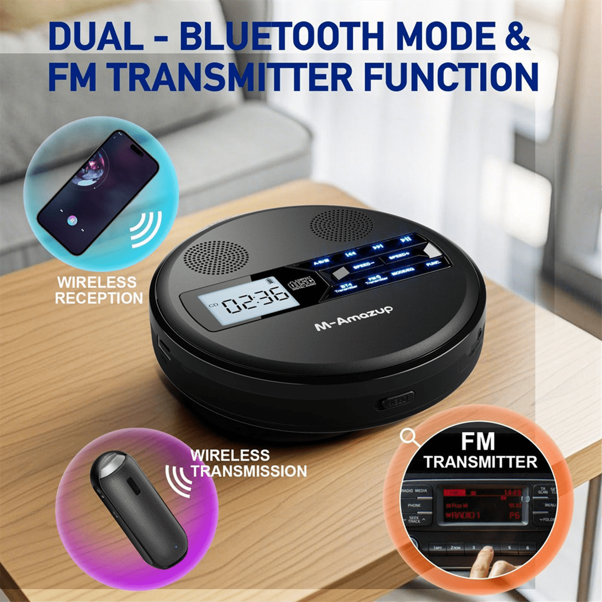 Multifunctional Discman CD Player with Bluetooth, FM, Headphones, Repeater, Learning Machine, USB Stereo Speaker Black
