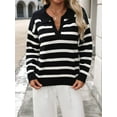 thumbnail image 2 of Women'S Striped Sweater Trendy V Neck Long Sleeve Knit Pullover Loose Jumper Tops Knitwear Black XL, 2 of 7