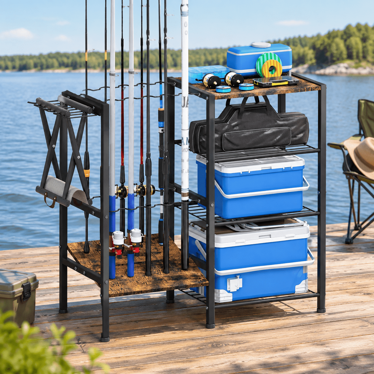 Black 4-Tier Fishing Rod Rack with Storage Shelves and Hooks for 10 Rods