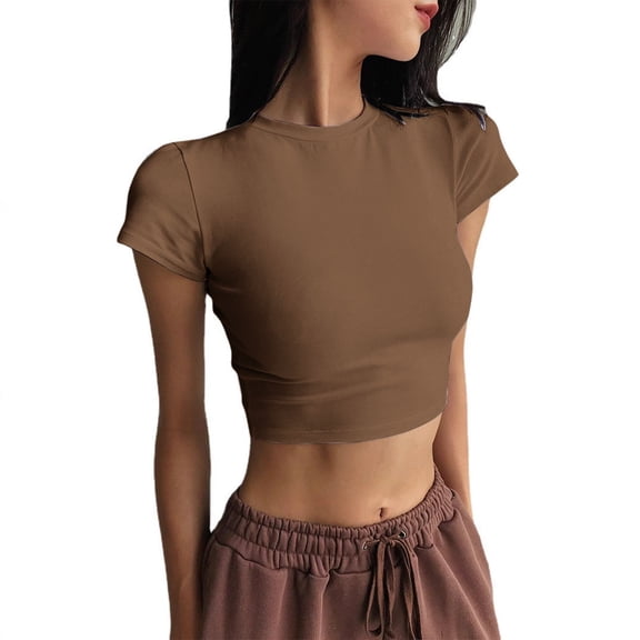 GZWYHT Women's Round Neck Short Sleeve Crop Tops Slim Fit Stretchy Soft Basic T Shirts Casual Summer Cropped Tees for Daily Workout Brown L