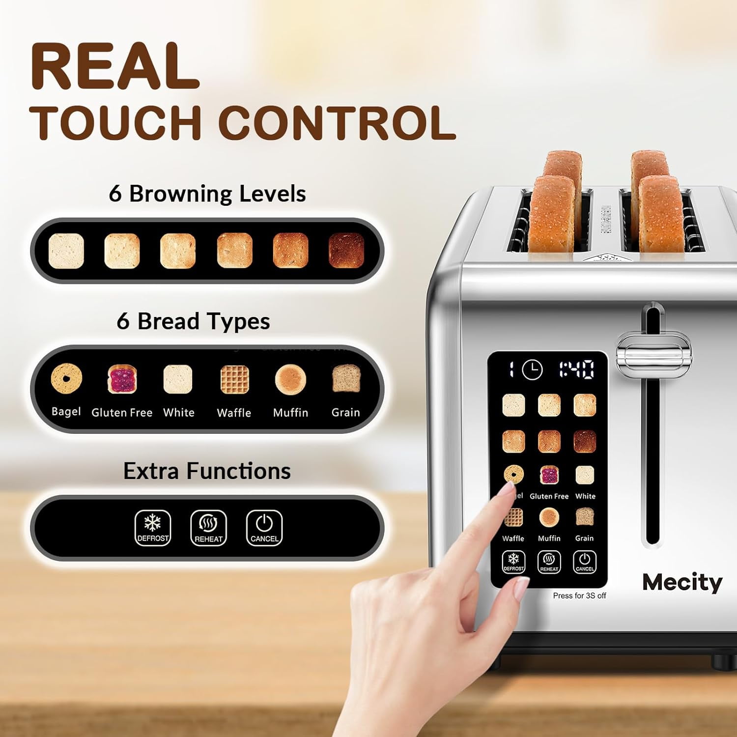 4 Slice Toaster Touch Screen 1.5" Long Slot, Stainless Steel Smart Bread Toaster for Bagel Muffin Waffle Gluten Free Breads, Timer, Defrost, Reheat, 120V 1400W